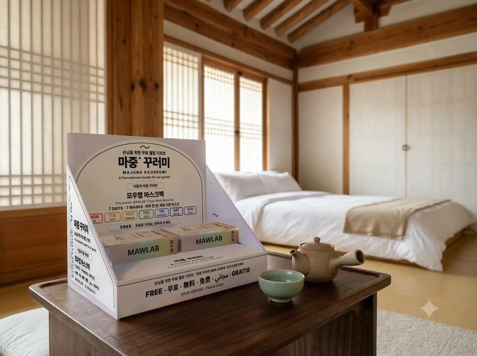 한옥 숙소 찻상 위에 놓인 모우랩 마중 꾸러미 매대.